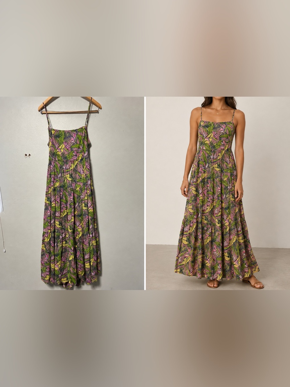 Tori Richard Tropical-print Tiered Sundress Size M Vintage Green Palm Leaf Print